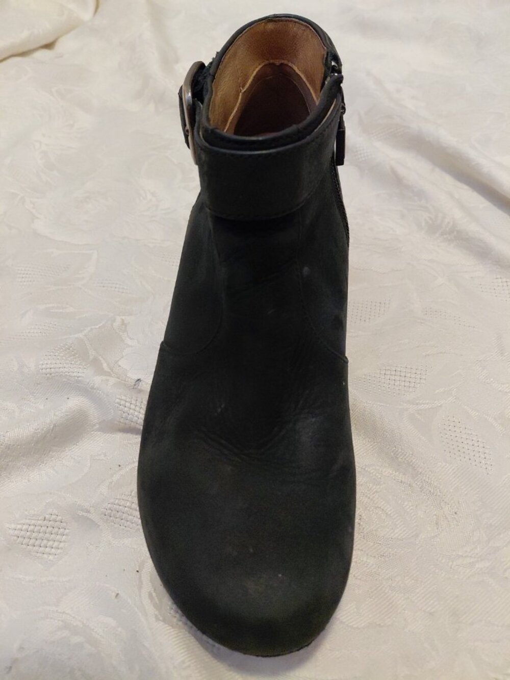 Dansko Ankle Bootie Nubuck Leather Autumn Black Size 38 Faux Wood Block Heel - Picture 9 of 11